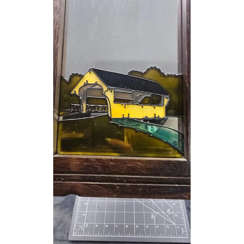 Vintage 1978 Sirius Mirrart Covered Bridge Stained Glass Style Framed Mirror